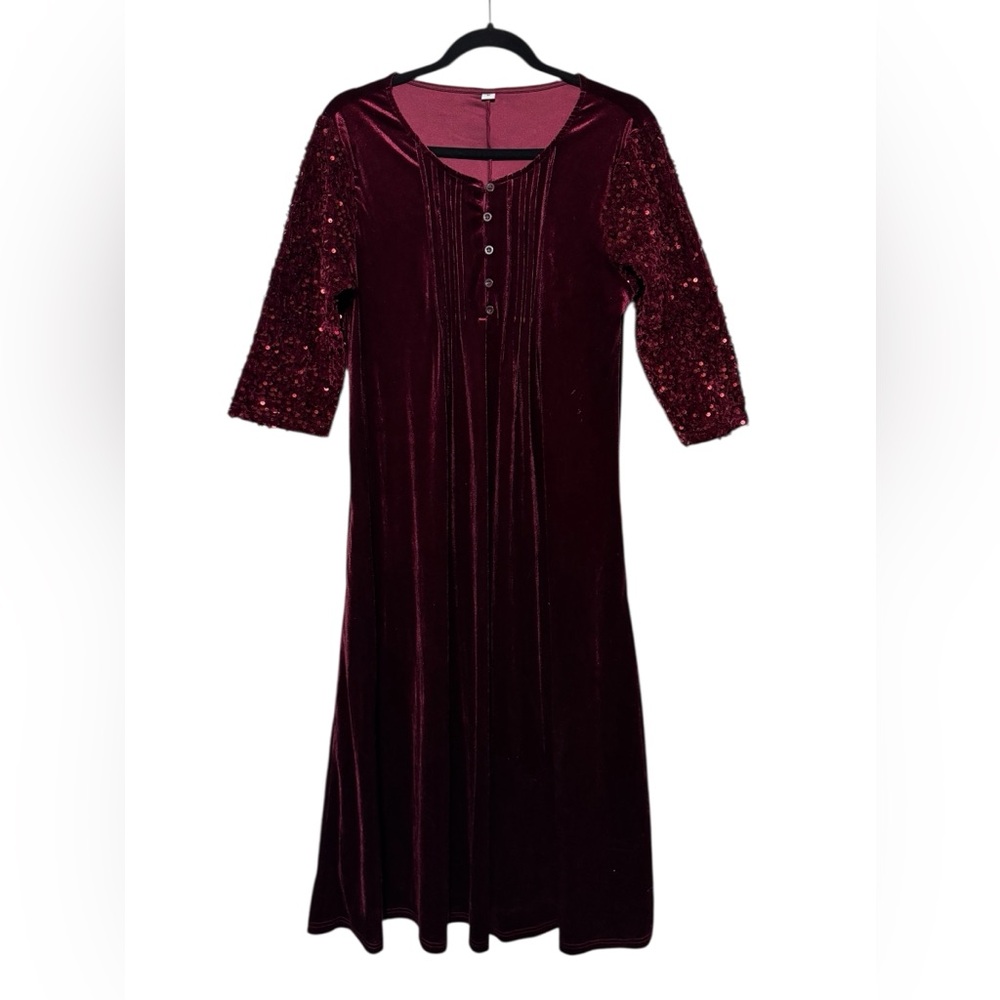 Velvet‎ Sequin Red Modest Midi Dress Medium Christmas Holiday Vamp Dark Romantic